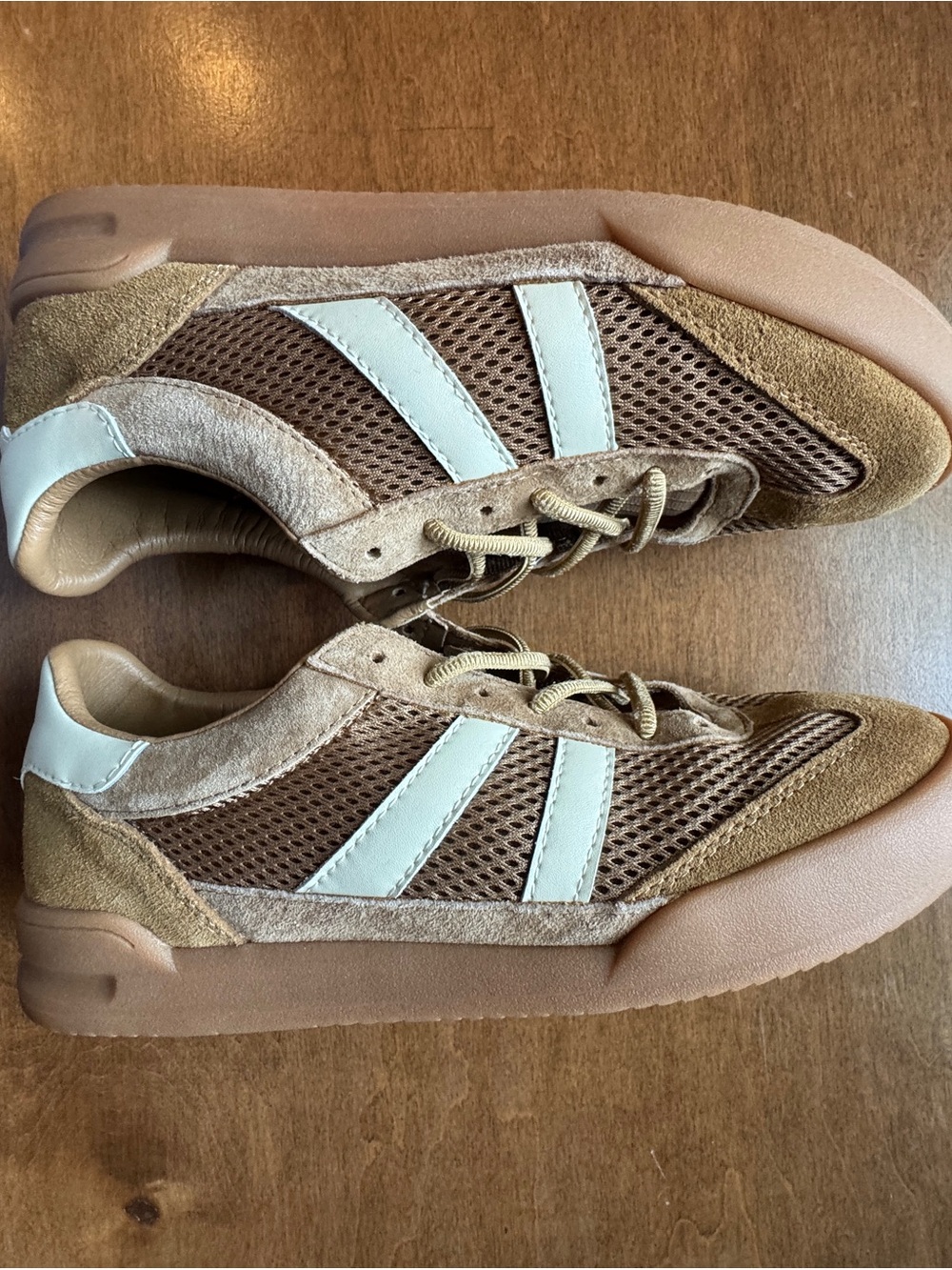 Steve Madden Tan & Brown Mesh Sneakers with White Stripes